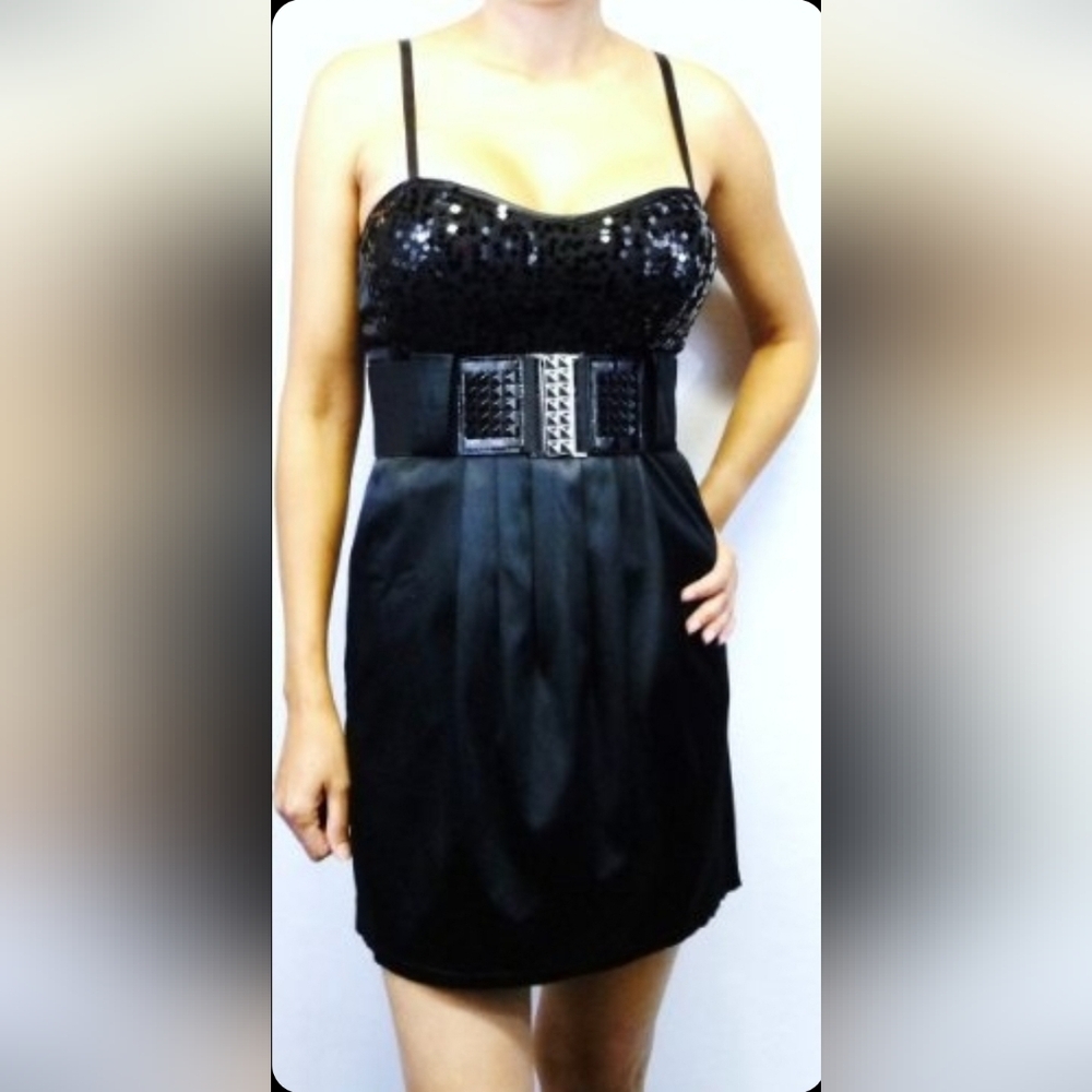 NWT Entry Black Padded Sequin Empire Waist Mini Satin Black Dress Junior's Sz L